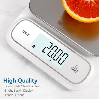 BOMATA Waterproof IPX6 Kitchen Scale, 0.1 g/0.01 oz High Precision, 5 kg/11 lbs, Digital Scale with Backlight, Stainless Steel Weighing Platform, for Food, Cooking, Baking, Weight Loss.. B619, Grey