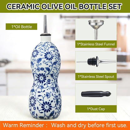20oz Vintage Ceramic Olive Oil Dispenser Bottle, Gourd Shape Blue and White Porcelain Oil Bottle with Spout and Funnel,Drip-Free Cruet, for Oil, Vinegar, Soy Sauce, Coffee Syrup, Liquids