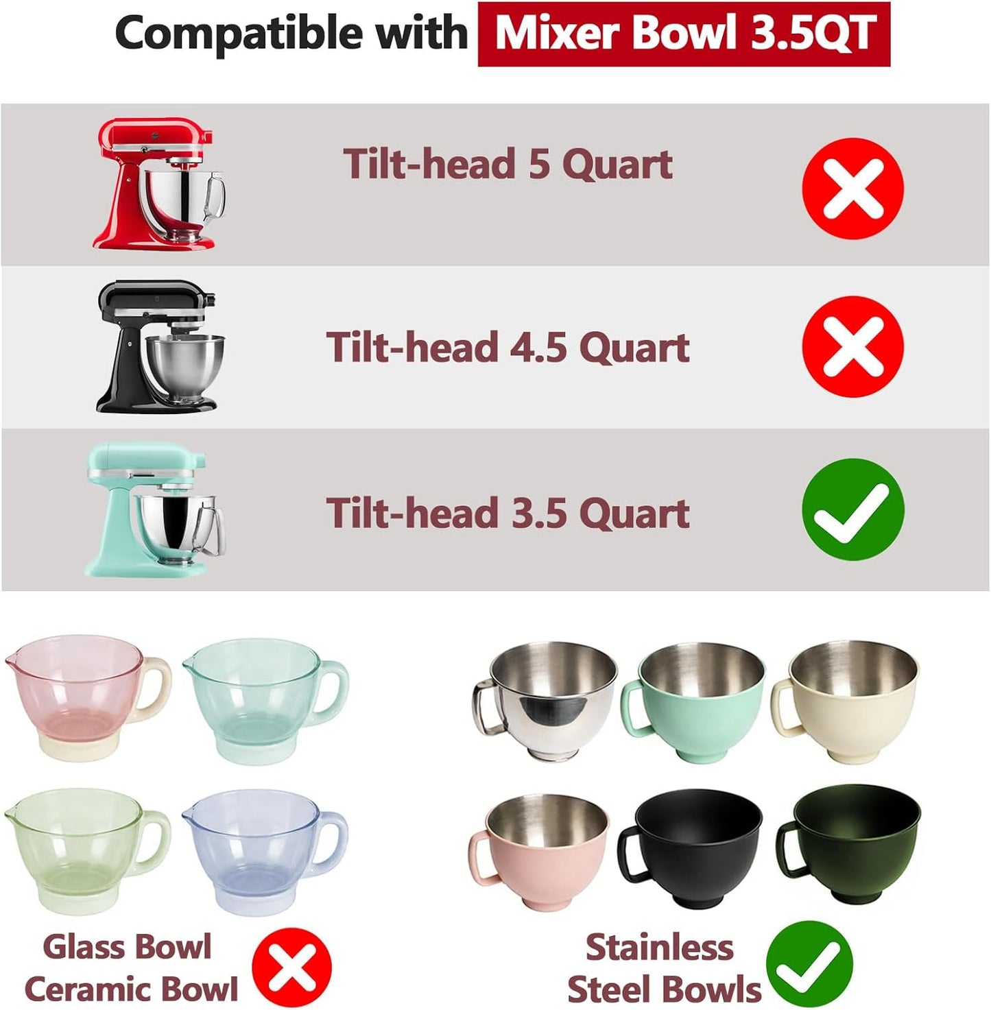 3 Pack Silicone Bowl Liners with Lids for KitchenAid 5QT Tilt Head Mixer, Collapsible Food-Grade Bowl Inserts, Thick Heat/Cold Resistant Silicone Mixing Bowl Liners