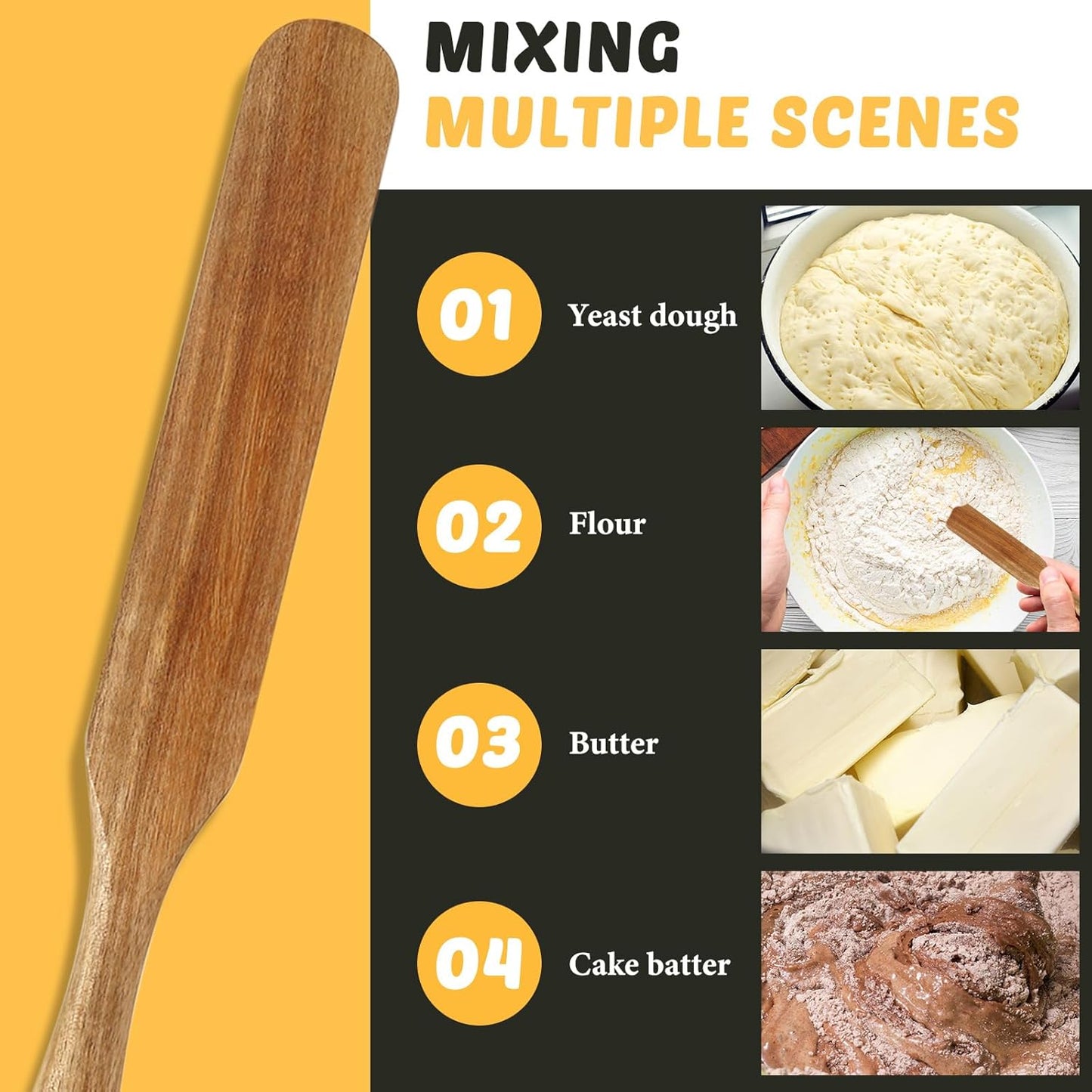Baderke 1 Pack 13" Acacia Wooden Spatula for Sourdough Starter, Mixing, Reaching Bottom of Jar, Dough Whisk, Long Handle Jar Spatula, Spurtle Kitchen Tool Wood Kitchen Utensil Kit for Baking, Cooking