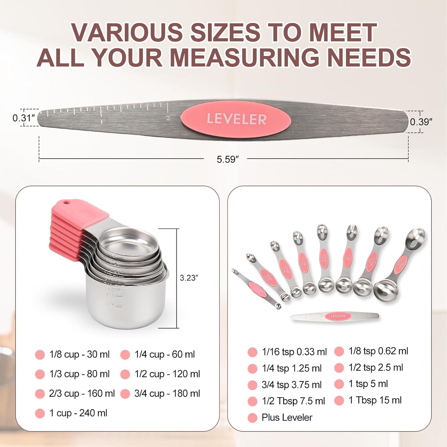 16-Piece Stainless Steel Measuring Cups and Spoons Set, Strong Magnetic Nesting Design 7 Cups 8 Spoons with Leveler, Double Measurement Markings for Dry & Liquid Ingredients, Gold