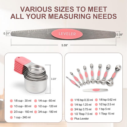 16-Piece Stainless Steel Measuring Cups and Spoons Set, Strong Magnetic Nesting Design 7 Cups 8 Spoons with Leveler, Double Measurement Markings for Dry & Liquid Ingredients, Gold