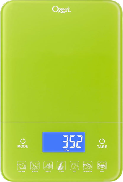Ozeri Touch III Digital Kitchen Scale with Calorie Counter, 22 lbs (10 kg), Calla Green