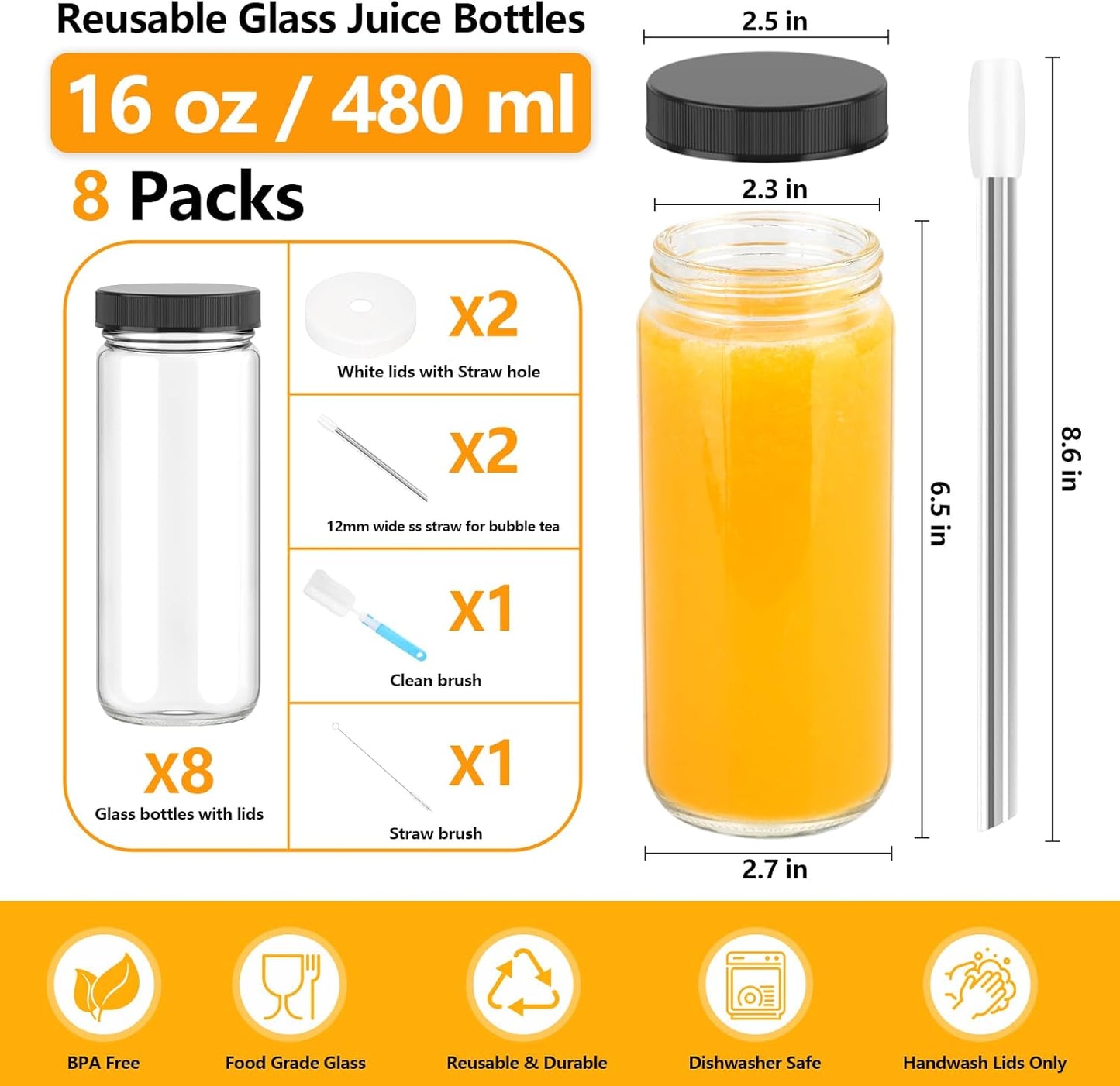 Zukro 12 oz Glass Juice Bottles with Lids & Straw, Airtight & Leak proof, Reusable Clear Small Bottle With Stainless Steel Cap for Juicing, Water, Smoothie & Milk, Dishwasher Safe & BPA Free, 12 Pack