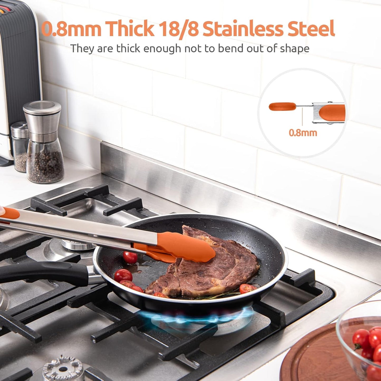 600ºF Heat Resistant Kitchen Tongs: U-Taste 9 inch Silicone Cooking Tong with Firm Sealed Non Stick Rubber Tips & Silicon Coated 18/8 Stainless Steel Handle & Smooth Locking for Serving Salad (Black)