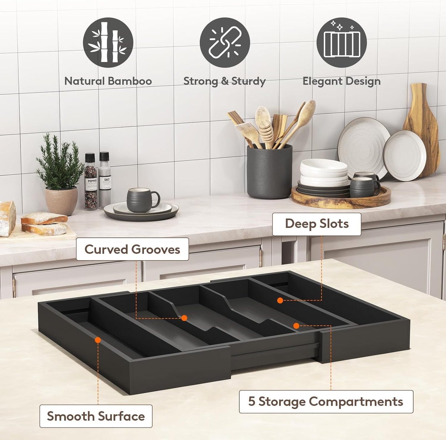 Lifewit Utensil Organizer for Kitchen Drawer, Expandable Cooking Utensil Tray, Cutlery Silverware Flatware Holder, Wood Adjustable Spatula Tools Storage Divider, 8.9-15.8 x 15.75, Natural
