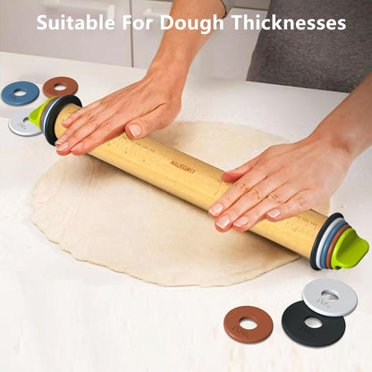 Rolling Pin with Adjustable Thickness Ring, Dough Thickness for Baking, Fondant, Pizza, Crust, Cookies, Pastry, 13.6" Wooden Rolling Pin with 4 Multi-Color Thickness Rings and Wooden Stand