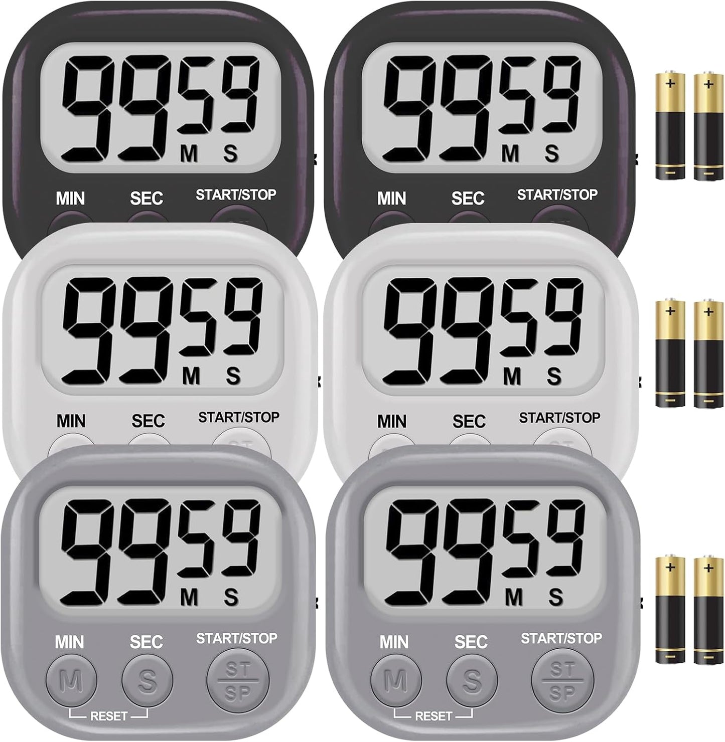 6-Pack Digital Kitchen Timer, 99-Min 59-Sec Countdown & Stopwatch, Loud 100dB Alarm, Strong Magnet, Power-Saving On/Off Switch, Time Memory, Classic Colors, Multiple Placements, Batteries Included