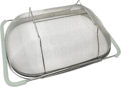 AJIODA Over The Sink Colander, 4 Quarts Stainless Steel Oval Colander with Expandable Rubber Grip Handle, Fine Mesh Strainer Baskets Kitchen Colanders for Strain, Drain, Rinse Vegetable, Fruits, Black