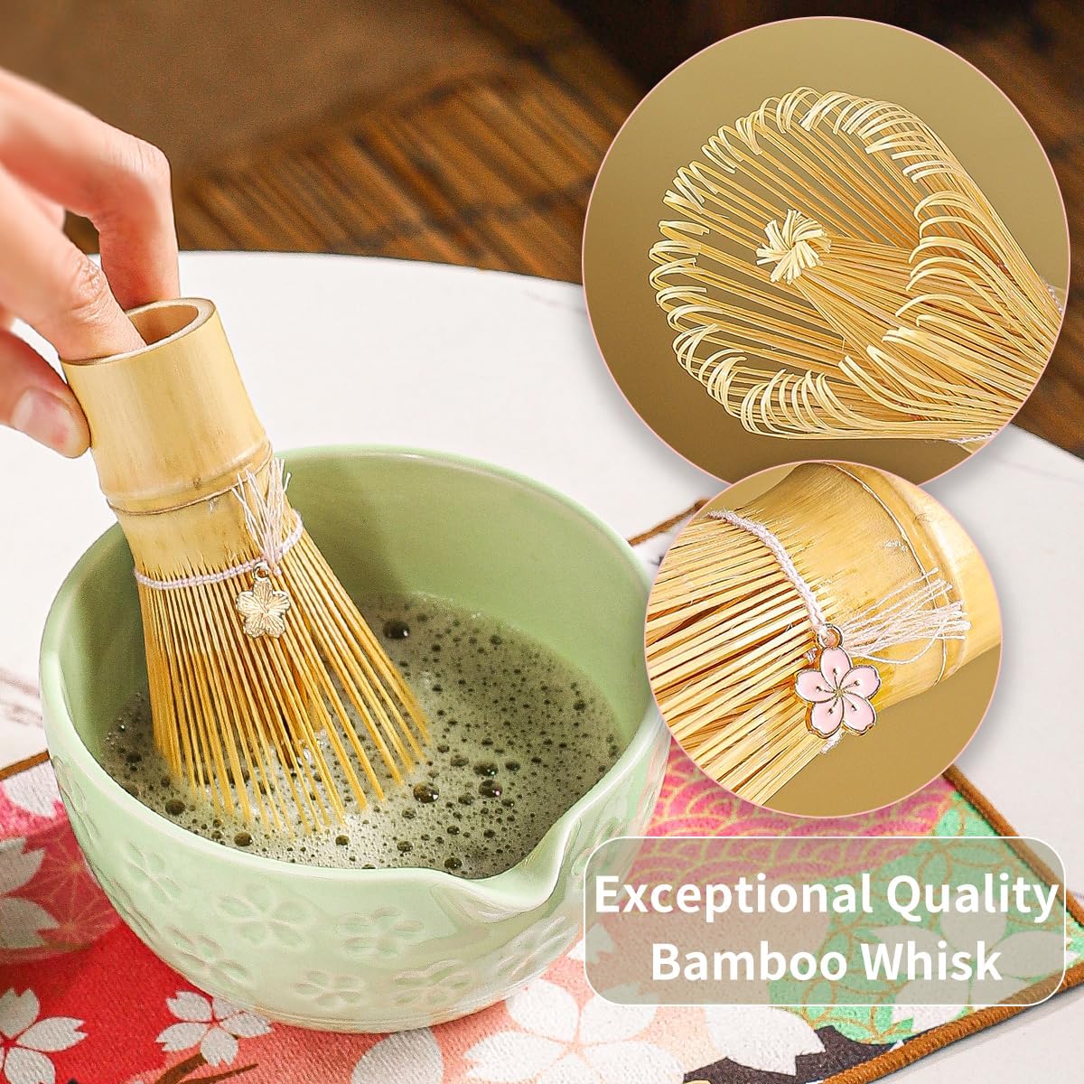 8-Piece Matcha Ceremony Set - Tea Kit with Cherry Blossom Bowl, Bamboo Whisk, Wood Scoops, Tea Cloth & Floral Display - Gift-Ready Pink Cherry color box (blue)