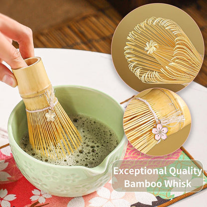 8-Piece Matcha Ceremony Set - Tea Kit with Cherry Blossom Bowl, Bamboo Whisk, Wood Scoops, Tea Cloth & Floral Display - Gift-Ready Pink Cherry color box (blue)