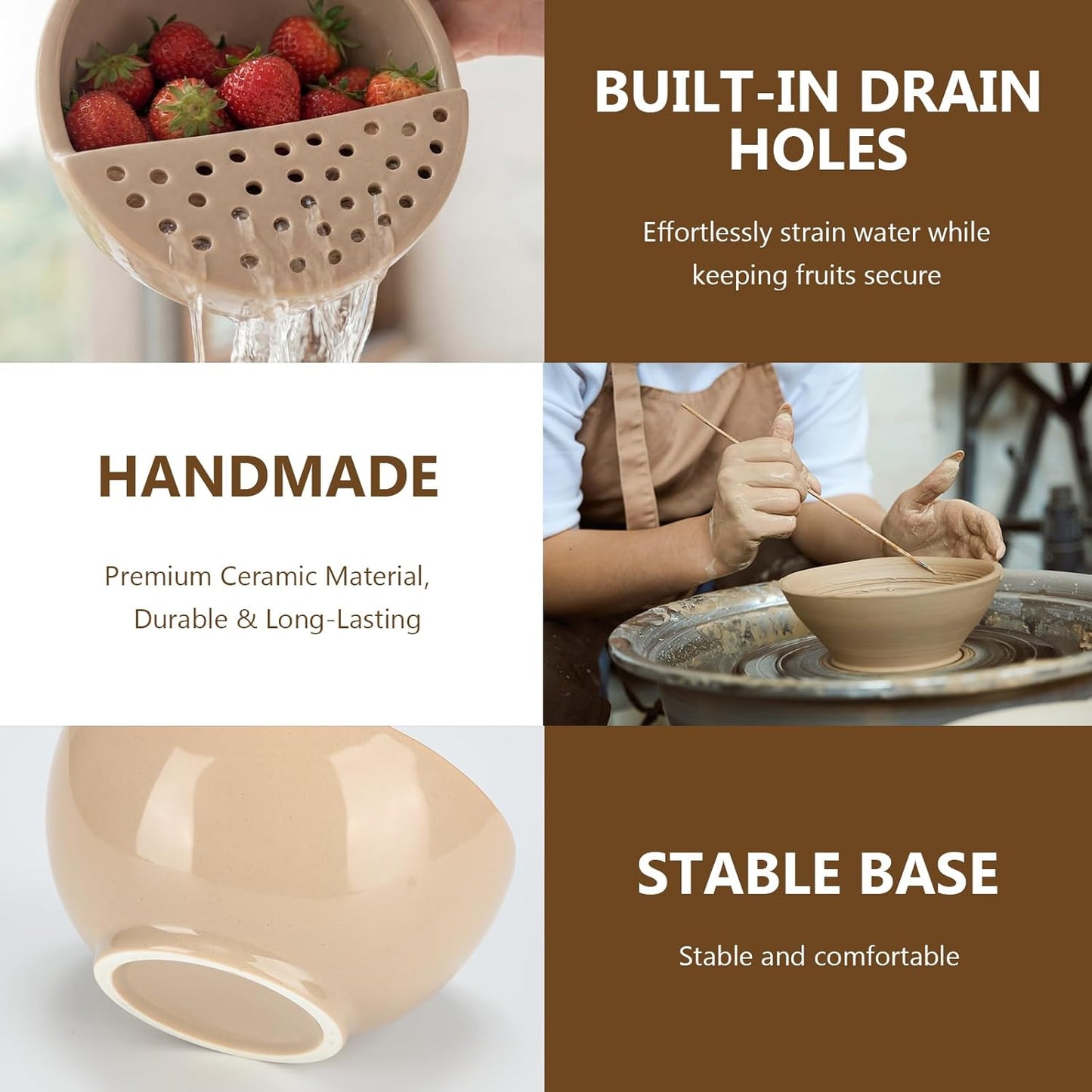Hushee Ceramic Berry Basket with Holes Set of 2 Ceramic Fruit Container 2 In 1 Washing Bowl 6'' Strainer Bowl Fruit Bowls Colander for Kitchen Strawberry Grape Cherry Stoneware Fridge Harvest Bowls