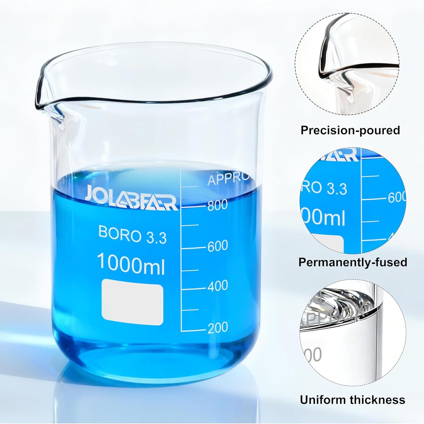Glass Beaker Set - 7 Size -10ml 25ml 50ml 100ml 250ml 500ml 1000ml, 3.3 Boro Griffin Low Form Lab Beakers with Printed Graduation