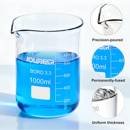 Glass Beaker Set - 7 Size -10ml 25ml 50ml 100ml 250ml 500ml 1000ml, 3.3 Boro Griffin Low Form Lab Beakers with Printed Graduation