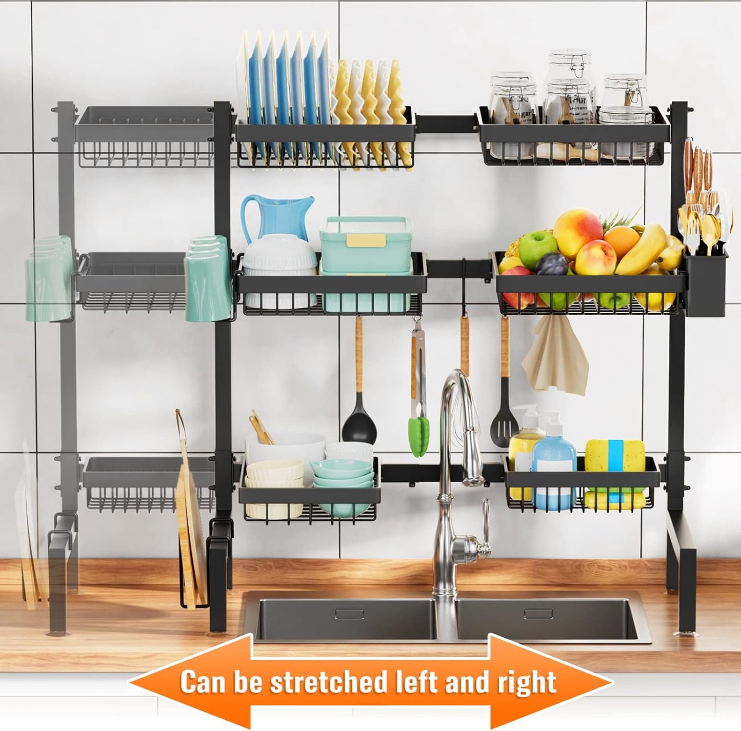 YKLSLH 4 Baskets Over The Sink Dish Drying Rack, Extendable Large Capacity Sink Rack, Metal Drying Rack Saving Space,for Most Sinks (26.57"-35")