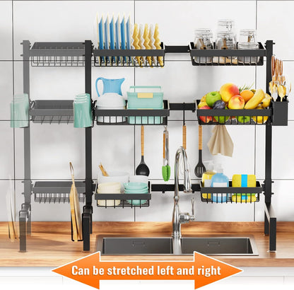 YKLSLH 4 Baskets Over The Sink Dish Drying Rack, Extendable Large Capacity Sink Rack, Metal Drying Rack Saving Space,for Most Sinks (26.57"-35")