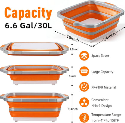 8L Collapsible BBQ Prep Tub with Locking Lid Cutting Board for Marinating Food Storage - Portable Wash Basin Colander for Kitchen Camping Sink - Foldable Bucket for Household Baking Picnic Tailgate