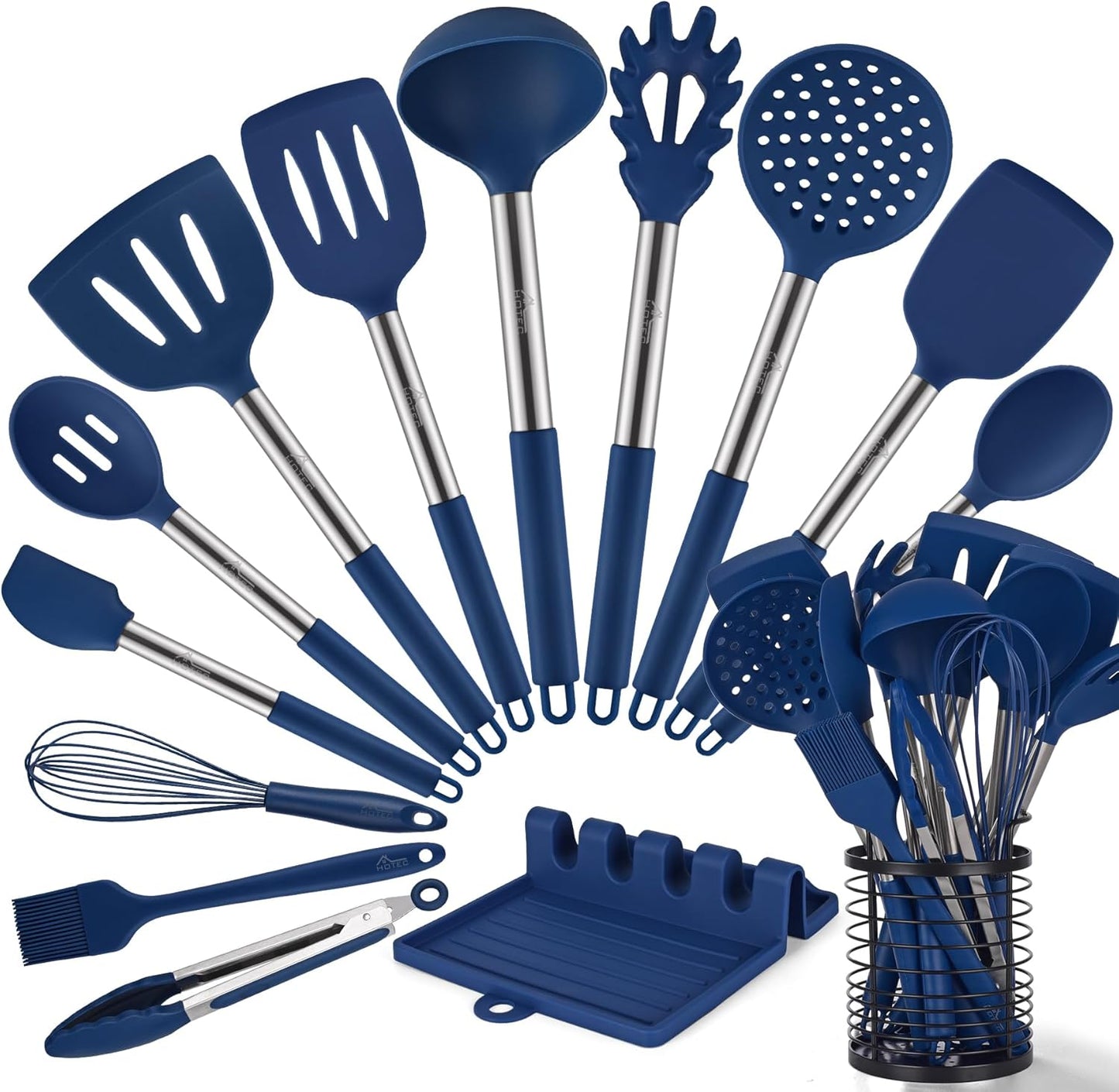 HOTEC 446°F Heat Resistant Silicone Kitchen Utensils, Cooking Utensil Set, Spatula Set, BPA Free, Kitchen Gadgets, Utensils Holder, Dishwasher Safe, 14pcs Multicolor