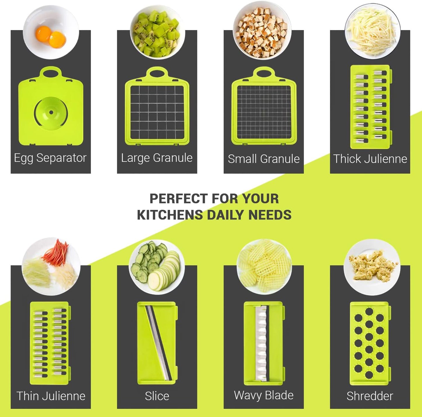 ADOV Vegetable Chopper, 14 in 1 Multi-Function Kitchen Mandoline Slicer, 7 Replaceable Stainless Steel Vegetable Cutter with Egg Separator Hand Guard Julienne Grater for Onion Potato Fruits (Lime)