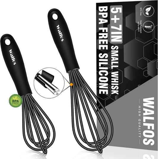 Walfos Mini Whisks Stainless Steel, Small Whisk 2 Pieces, 5in and 7in Tiny Whisk for Whisking, Beating, Blending Ingredients, Mixing Sauces