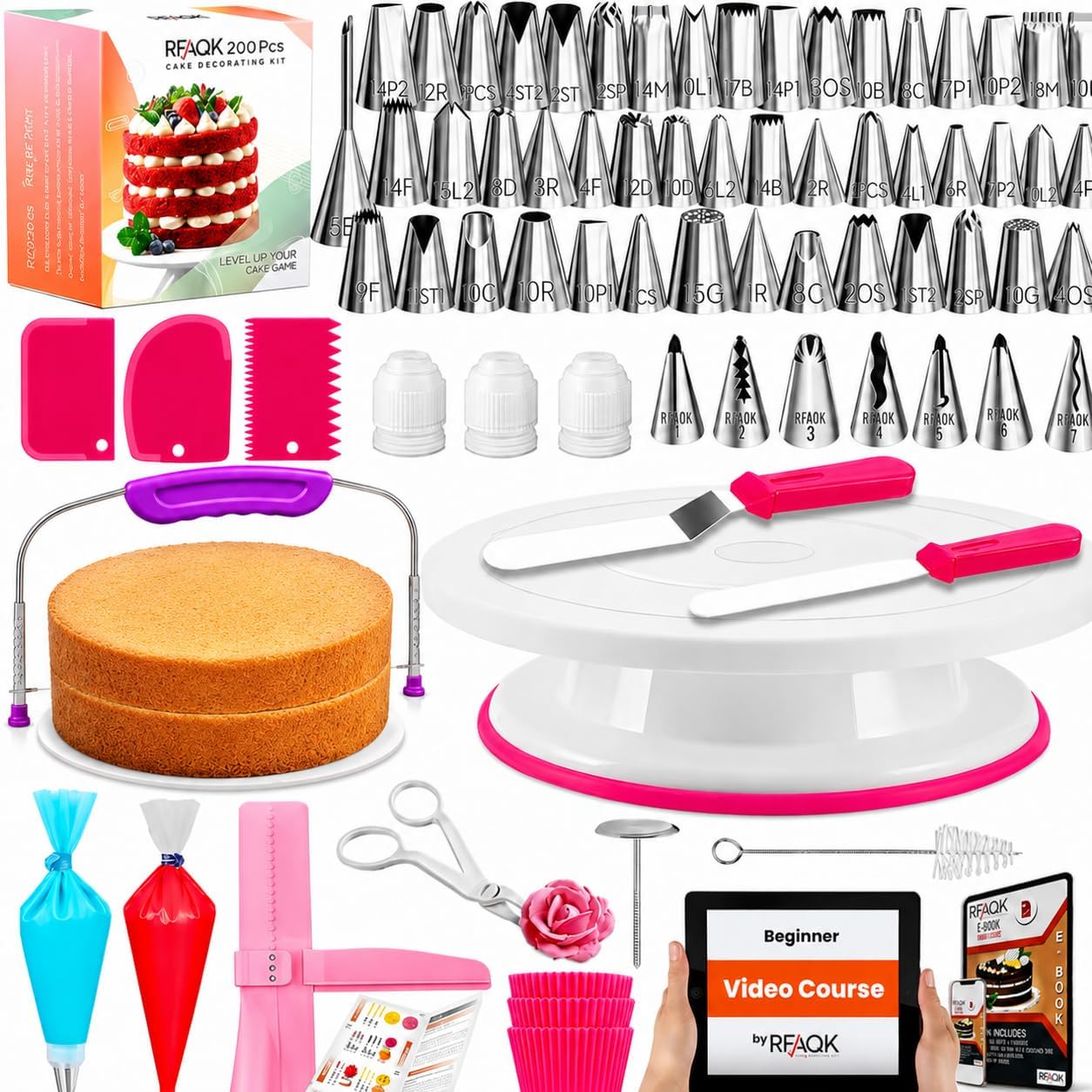RFAQK 90PCs Cake Decorating Kit with Leveler, Baking Supplies Gift Includes Cake Stand Turntable, 24 Numbered Icing Tips, 55+1 Piping Bags, 2 Frosting Spatulas, 3 Scrappers, Video Course & Booklet