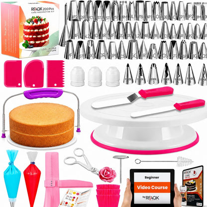 RFAQK 90PCs Cake Decorating Kit with Leveler, Baking Supplies Gift Includes Cake Stand Turntable, 24 Numbered Icing Tips, 55+1 Piping Bags, 2 Frosting Spatulas, 3 Scrappers, Video Course & Booklet