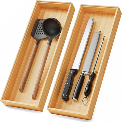 Long Bamboo Kitchen Drawer Organizer Boxes – 17" x 6" Stackable Wood Silverware Utensil Tray for Drawers Bins Cutlery & Flatware Storage – Wooden Pantry Organizers Set of 2 for Junk Drawer Bathroom Rv