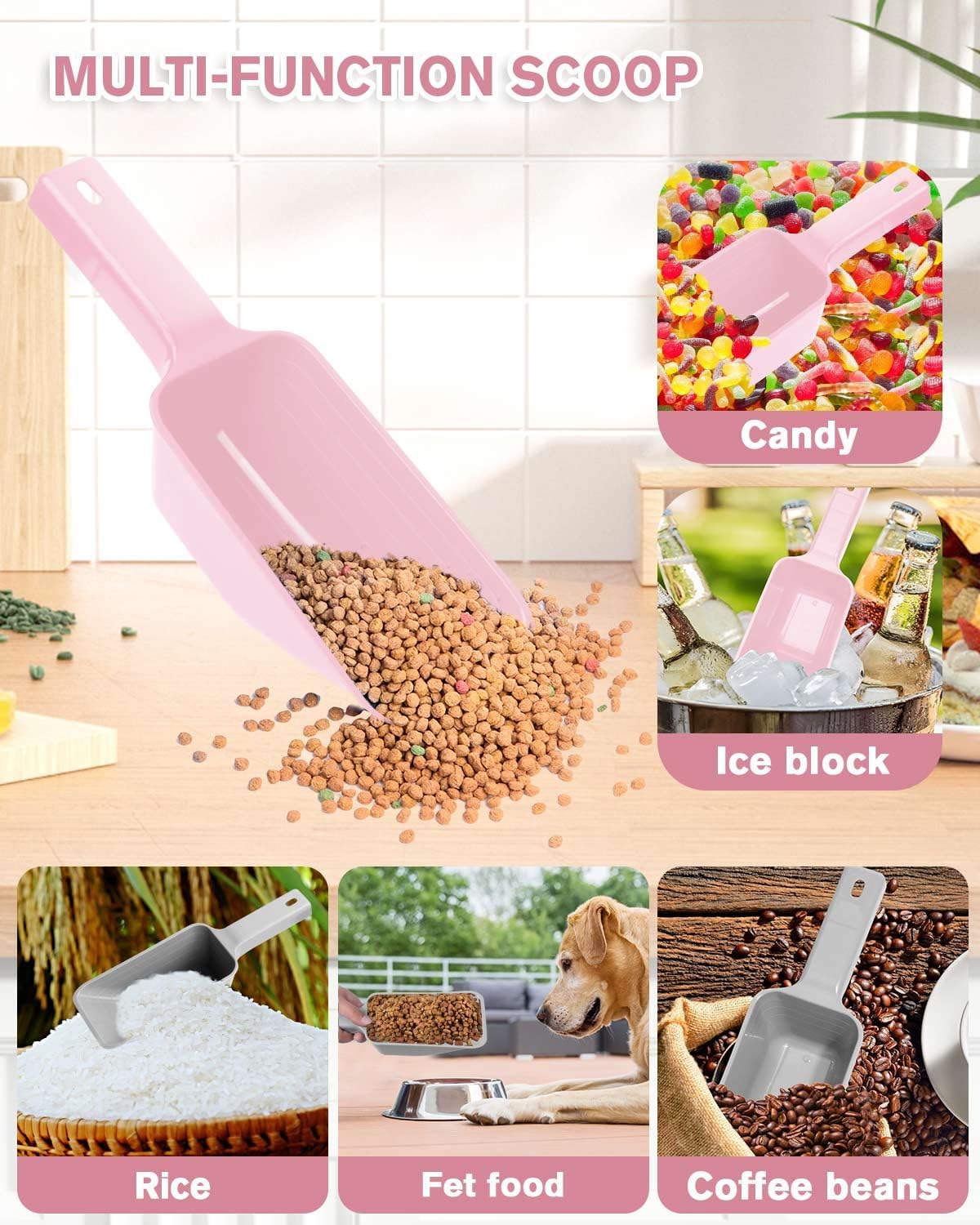 2 Cup Dog Food Scoop(2 Pack), Plastic Pet Food Scoop with Measuring Lines for Accurate Pet Food Portions,Dishwasher Safe (Grey and Pink)