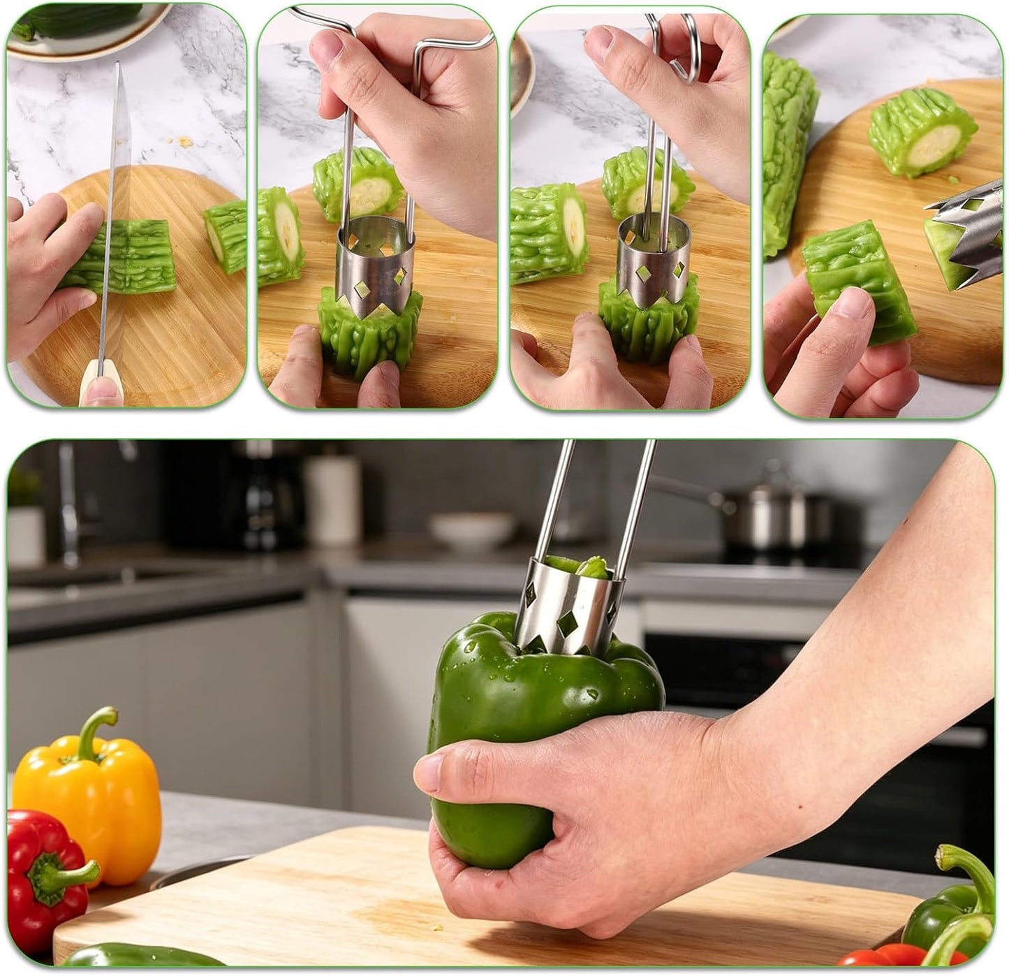 2pcs Red Bell Pepper Seed Corer Set, Stainless Steel T-Shape and Spoon-Shape Fruit Vegetable Stem Remover Practical Kitchen Gadget Tool for Pepper Pineapple Pear Apple Tomato Core Pit Remover