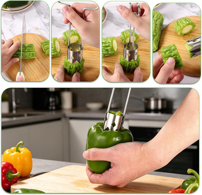 2pcs Red Bell Pepper Seed Corer Set, Stainless Steel T-Shape and Spoon-Shape Fruit Vegetable Stem Remover Practical Kitchen Gadget Tool for Pepper Pineapple Pear Apple Tomato Core Pit Remover
