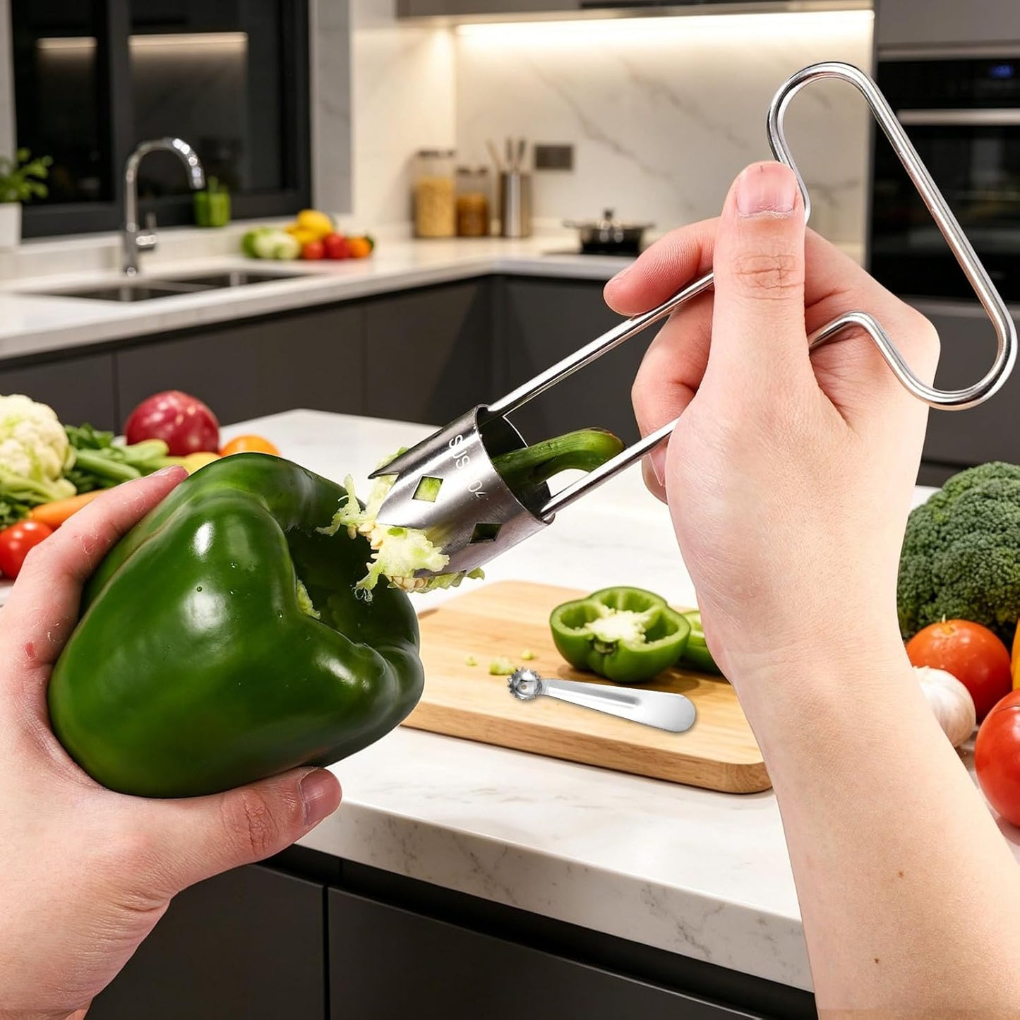 2pcs Red Bell Pepper Seed Corer Set, Stainless Steel T-Shape and Spoon-Shape Fruit Vegetable Stem Remover Practical Kitchen Gadget Tool for Pepper Pineapple Pear Apple Tomato Core Pit Remover