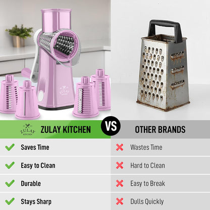 Zulay Kitchen Rotary Cheese Grater 5 Blade Cheese Shredder - Manual Hand Crank Cheese Grater With Reinforced Suction & 5 Interchangeable Drums - Easy to Use, Vegetable Chopper Round Mandoline Slicer - Colors B