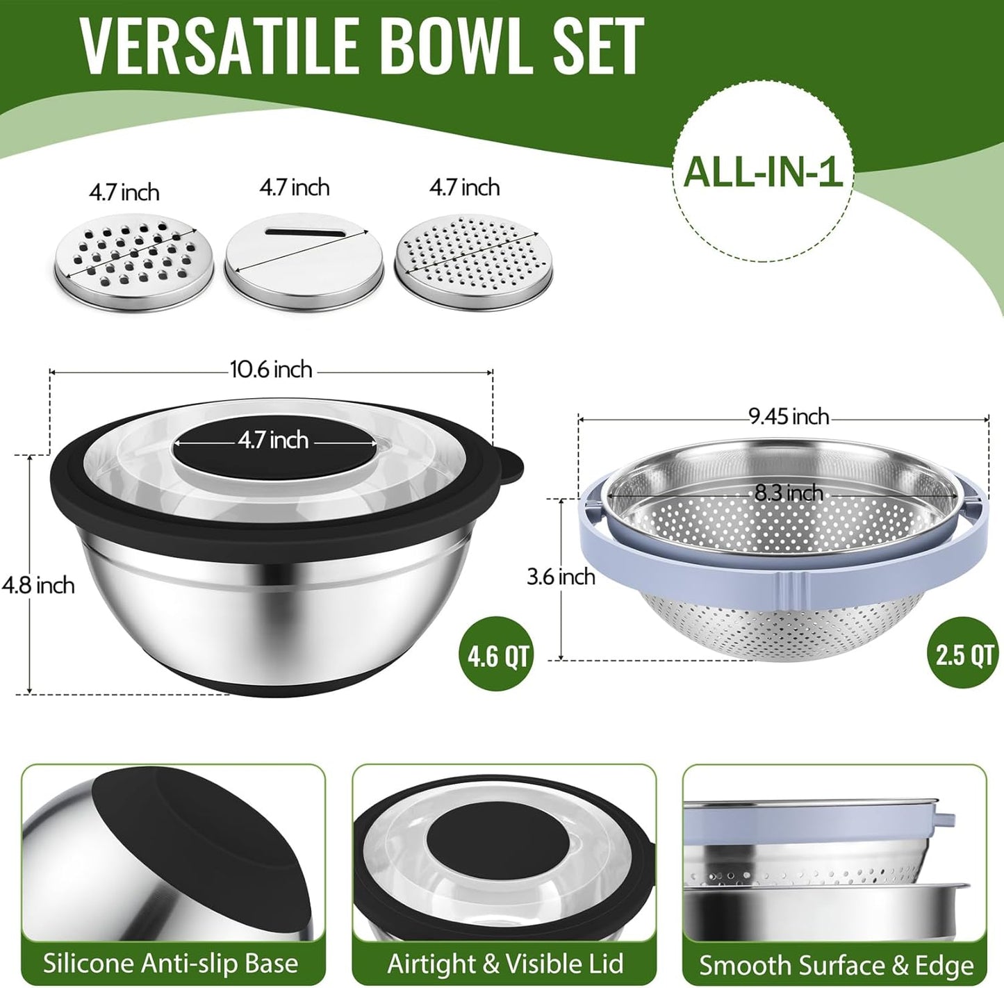 P&P CHEF 4-In-1 Stainless Steel Colander with Bowl Set, Rotatable Strainers for Kitchen, Fruit Cleaner, Washing Fruit & Draining Pasta, Mixing Bowl and Lid with Grater for Salad, Khaki