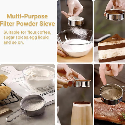 Two-piece set of baking flour sieves — mini small strainer for baking, flour, sugar, and coffee pasta, tea strainer sizes 3 inches and 3.5 inches, 40-mesh stainless steel powder sieve, (silver)