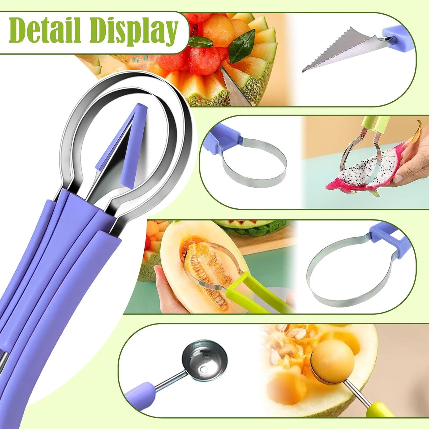 Suuker Melon Baller Scoop Set,4 In 1 fruit cutters shapes, watermelon scooper fruit scooper and baller, fruit carving tools（Green）