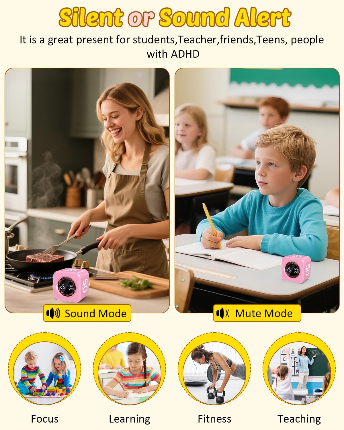 Digital Pomodoro Timer Cube 5/10/25/50min, Visual Productivity Flip Timer for Kids Classroom Desk, Custom Countdown, Silent and Sound Mode for ADHD Study Work Game Kitchen (Orange)