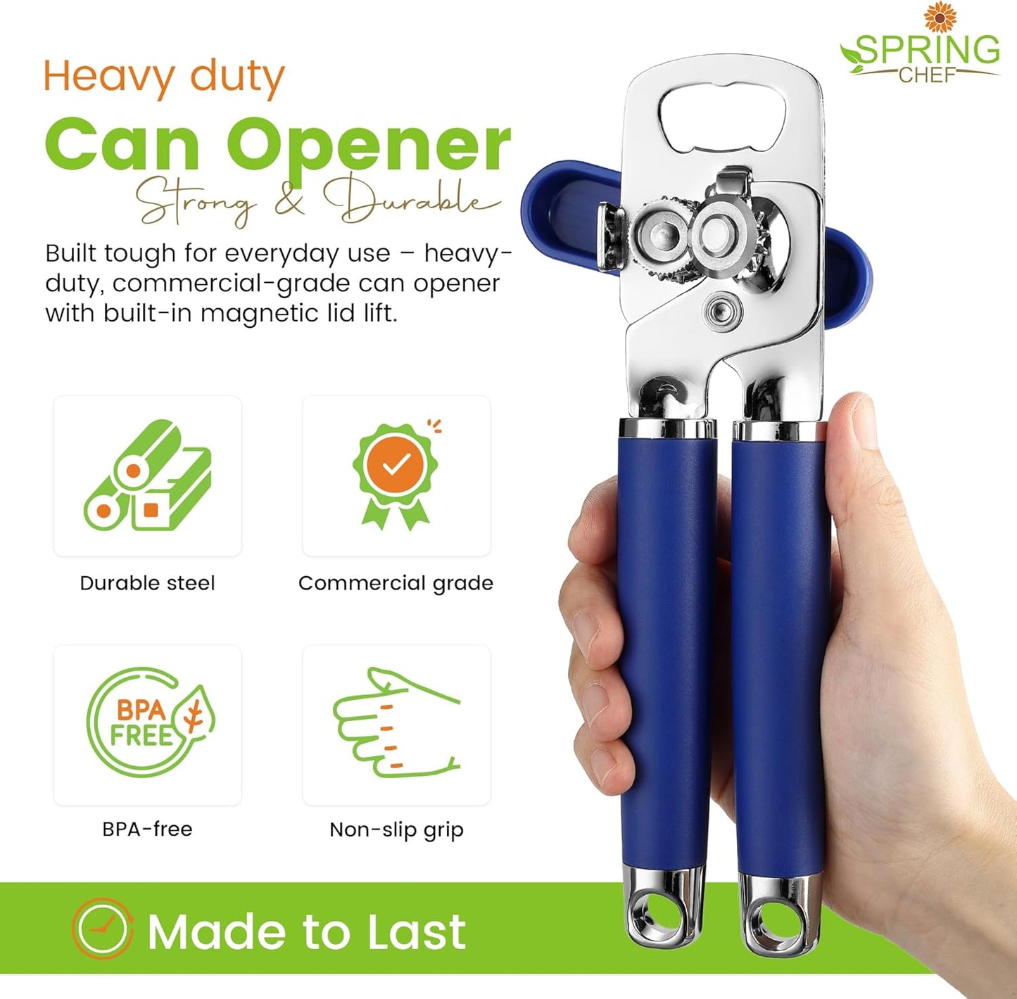 Spring Chef Stainless Steel Can Opener - Manual with Soft Grip Handles, Easy Turn, Heavy Duty Hand Can Openers for Seniors with Smooth Edge - Magnetic Lid Remover - Black