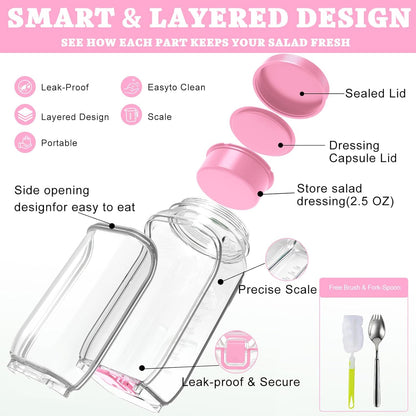 FNHMSL Side-Opening Mason Salad Jar, Portable (35 oZ) 1000ml Salad Container with Leakproof Dressing Cup, Includes Spoon and Cleaning Brush, Perfect for Meal Prep, Gym, Office, Picnic and Travel