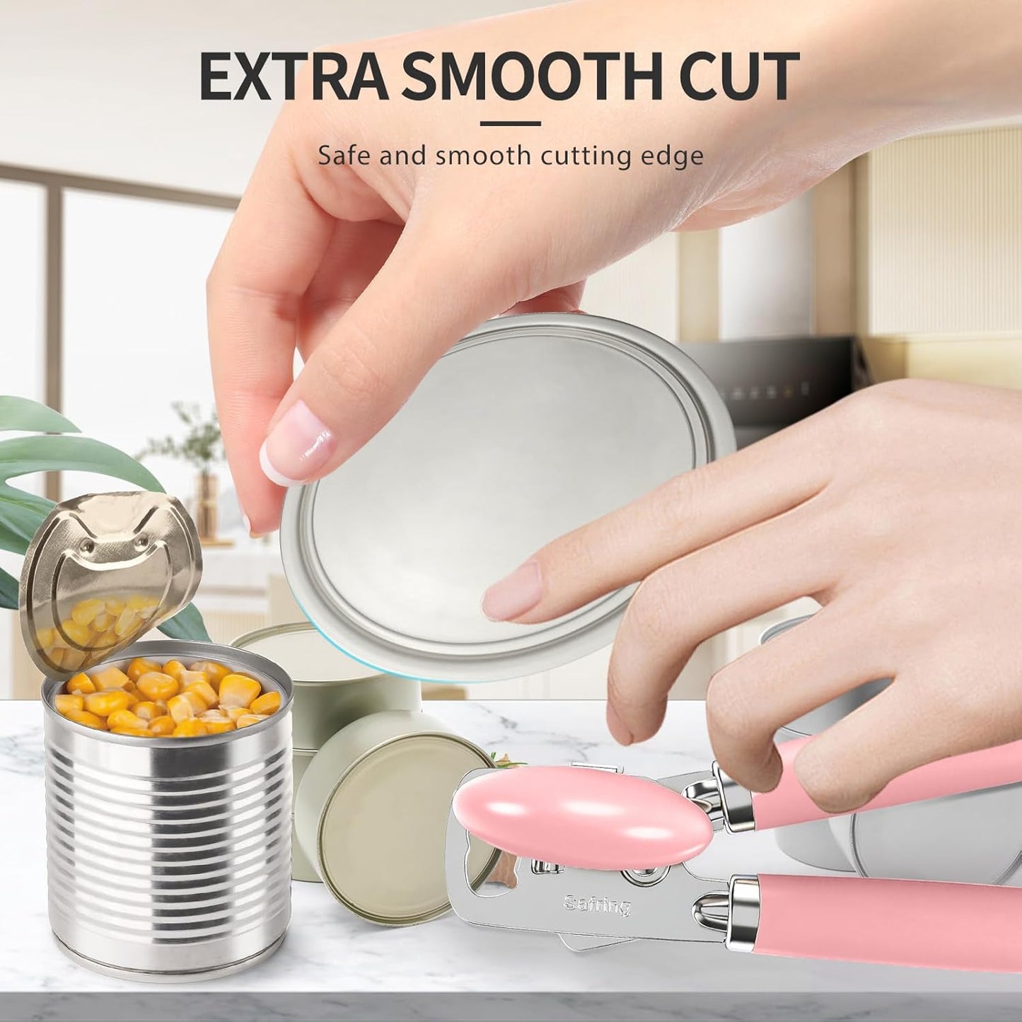 Safring Can Opener Manual, Heavy Duty Stainless Steel Smooth Edge Can Openers With Soft Touch Handle, Oversized Handheld Easy Turn Knob, Multi-Function Bottle Opener, Black