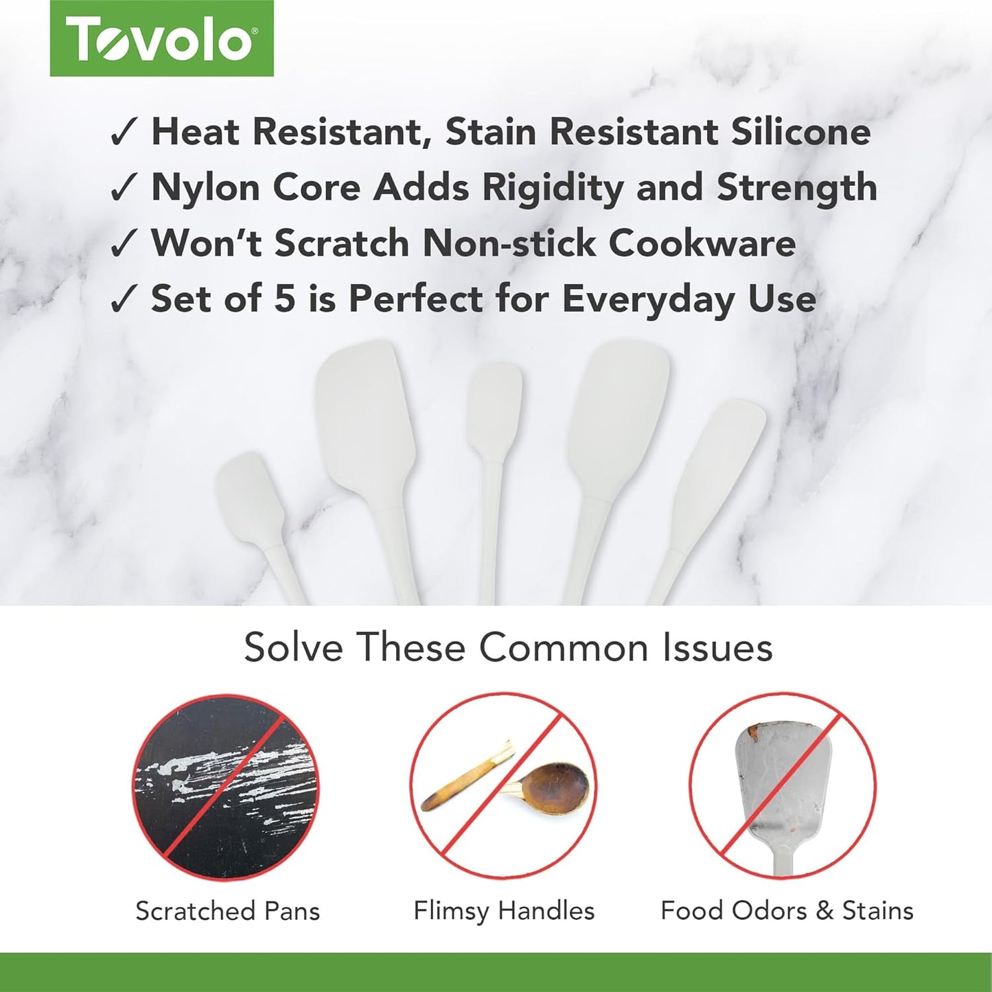 Tovolo Stainless Steel Handled Silicone Spatula Set of 5 White, Dishwasher Safe Kitchen Spatula Set for Cooking Baking, Non Toxic BPA Free Silicone Spatula set with Metal Steel Handle