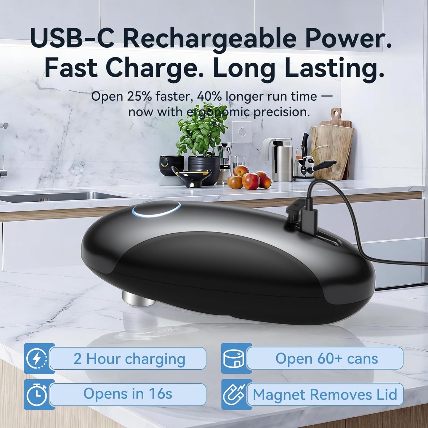 Rechargeable Electric Can Opener for Seniors & Arthritis, Automatic One-Touch Operation, Smooth Edge Cutting with Auto Stop & Magnetic Lid Lifter, Hands-Free, USB-C, Compact, Black