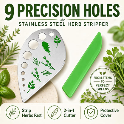 Stainless Steel Herb Stripper, 9-Hole Leaf Remover Tool for Kale, Thyme & Rosemary, Graduated Herb Stripping Tool with Protective Cover for Kitchen, Durable Metal Gadget for Greens