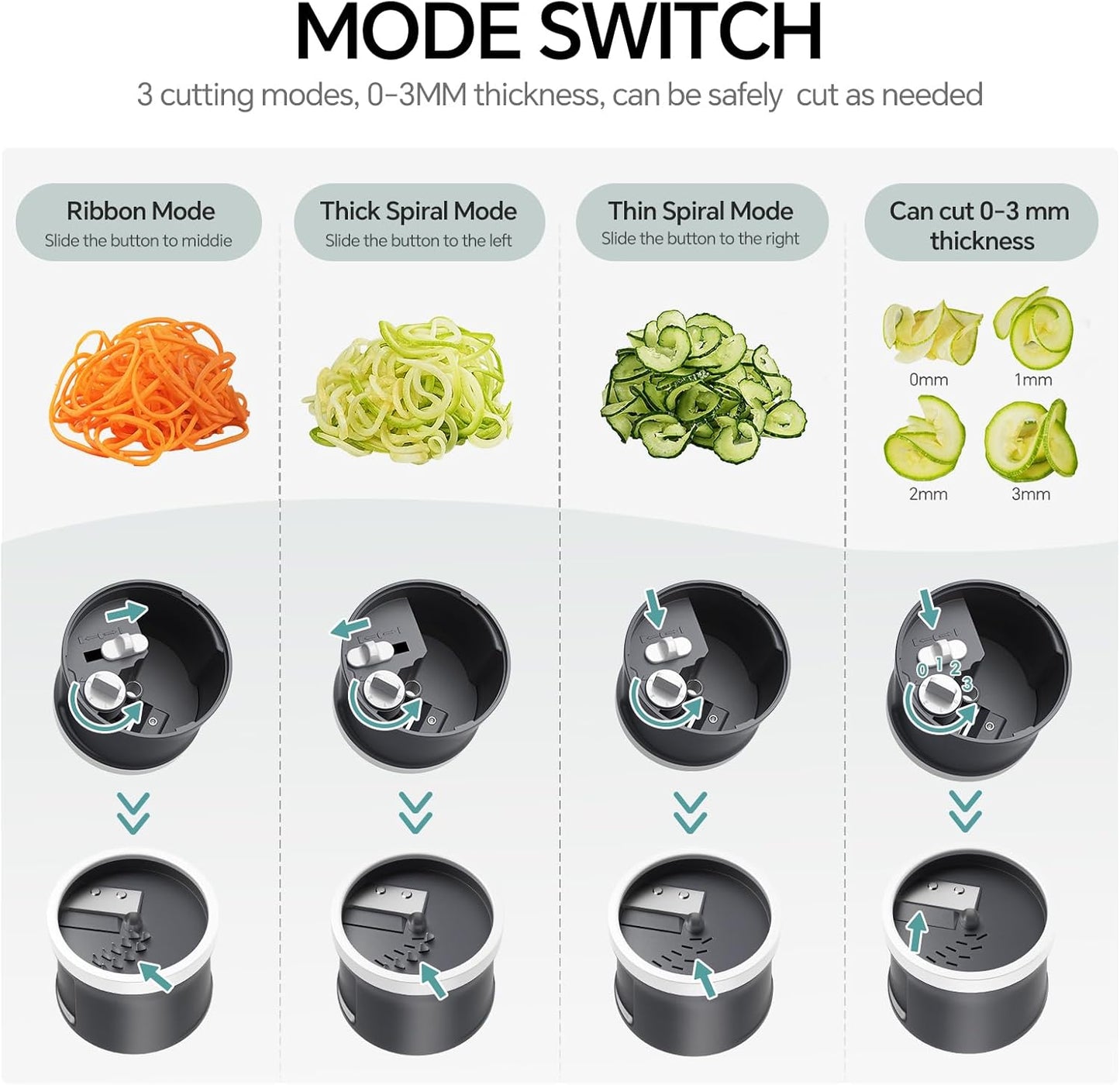 3 in 1 Vegetable Spiralizer Slicer, Adjustable Thickness 0-3mm, Zucchini Spiralizer Veggie Noodle Maker for Cucumber/Zoodle/Salad/Spaghetti/Pasta with Food Container, Cleaning Brush, Black