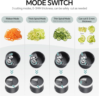 3 in 1 Vegetable Spiralizer Slicer, Adjustable Thickness 0-3mm, Zucchini Spiralizer Veggie Noodle Maker for Cucumber/Zoodle/Salad/Spaghetti/Pasta with Food Container, Cleaning Brush, Black