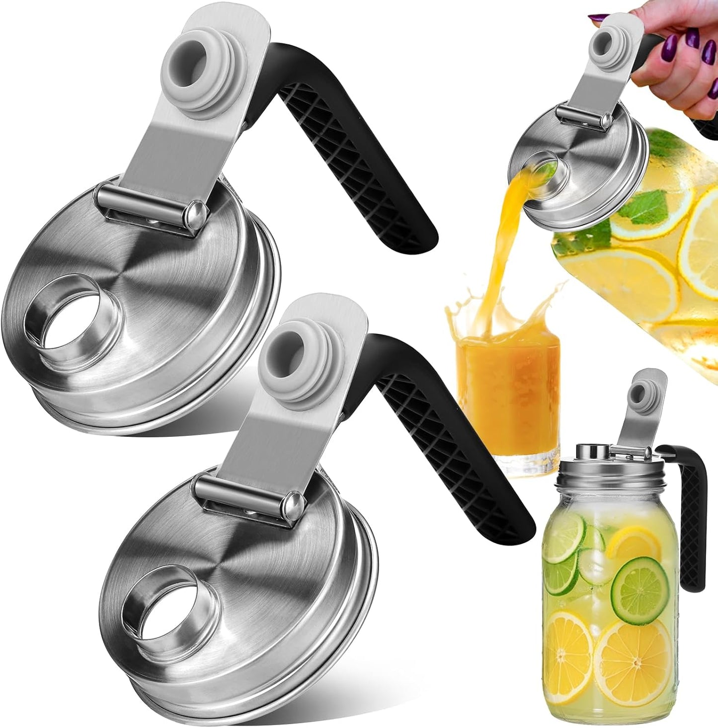 Mason Jar Pour Spout Lid Stainless Steel with Handle, Wide Mouth Pour Spout Flip Cap Lids for Mason Jars, Anticracking Leak Proof Seal Cover Airtight for Drinking Salad Dressing & Food Storing(2PCS)