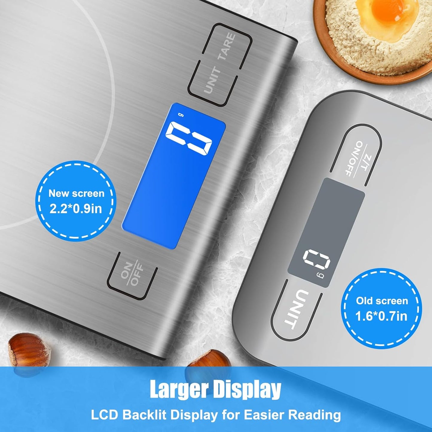 33lb Rechargeable Food Scale, Diyife 304 Stainless Steel Digital Kitchen Scale, 7.5 * 5.5 in Weight Grams and Ounces for Baking, Cooking, 5 Units with Tare Function, LCD Display, 2 AAA Batteries
