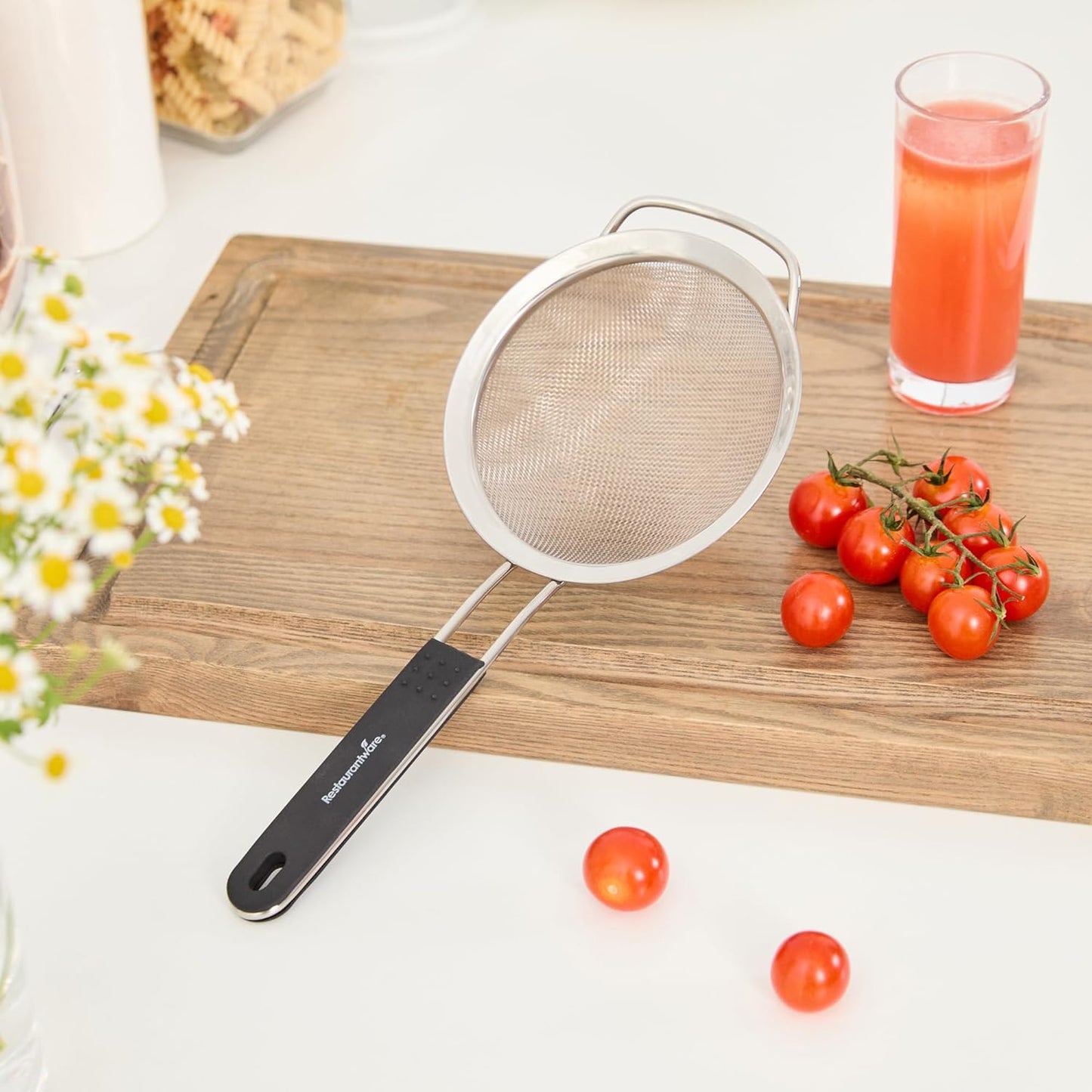 Restaurantware Fine Mesh Strainer Set of 3 Different Sizes with Silicone Handle Stainless Steel Extra Fine Mesh Strainer Heat-Resistant Handle Dishwasher-Safe for Rice, Quinoa, Pasta