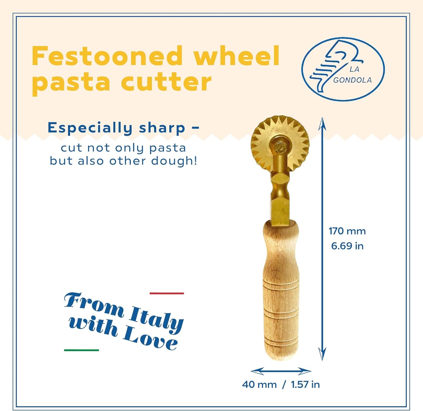 La Gondola Homemade Pasta Cutter - Festooned Wheel | Italian Pasta Making Tool for Home and Business | Brass & Natural Wood | Safe & Easy to Use Pasta Cutting Tool | Ravioli Cutter Made in Italy