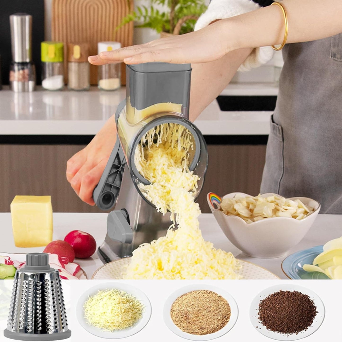 Cheese Grater with Handle,Multifunctional Rotary Cheese Grater,Kitchen Cheese Shredder Can Easily Chop Vegetables,Potatoes,Carrots,Etc.The Suction Cup is Stable and Easy to Clean (light green)