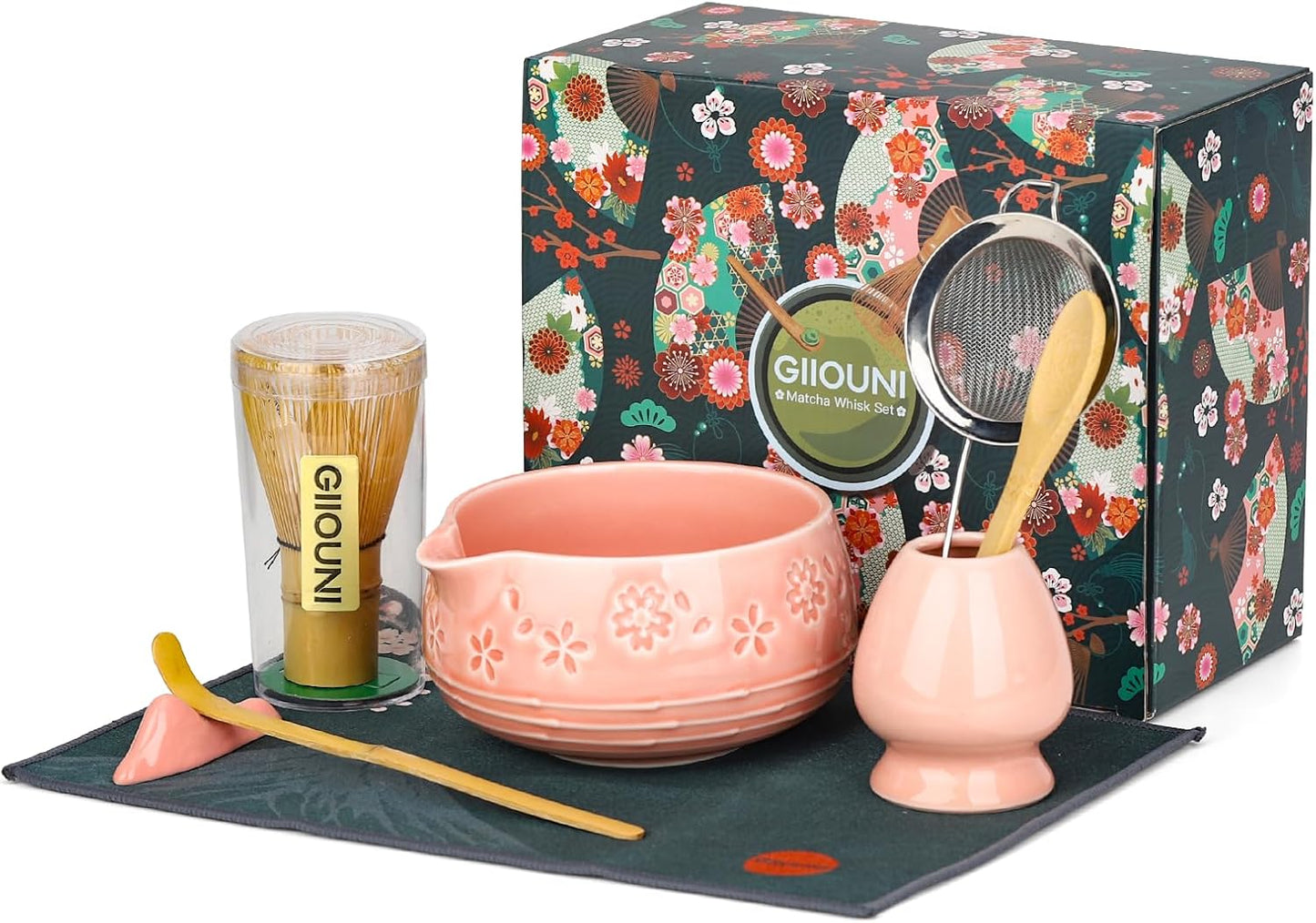 Matcha Whisk Set, Ceramic Matcha Set with Bowl, Chasen Holder, Scoop Rest, Sifter, 8-Pcs Japanese Ceremony Matcha Kit–Matcha Lovers Gift for Women Mom Girl Friend-Matcha Green